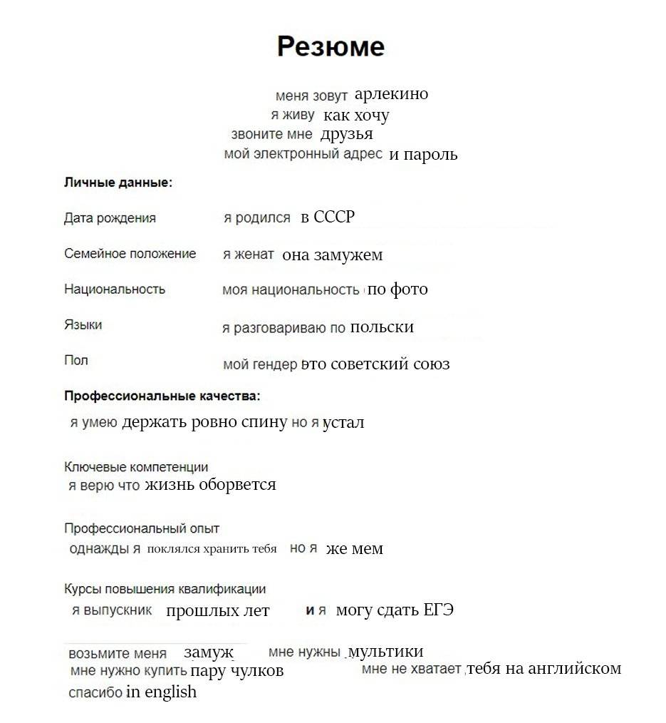 Образец резюме на английском языке