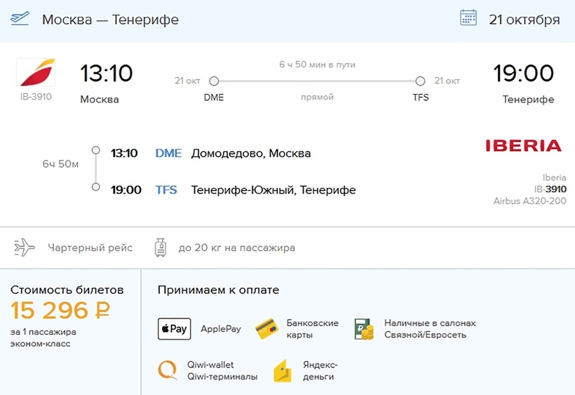 Сколько лететь до тенерифе из москвы