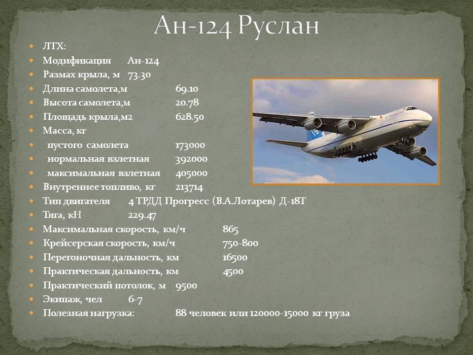 Технические характеристики самолета «Руслан» Ан-124: грузоподъемность, вес, размеры