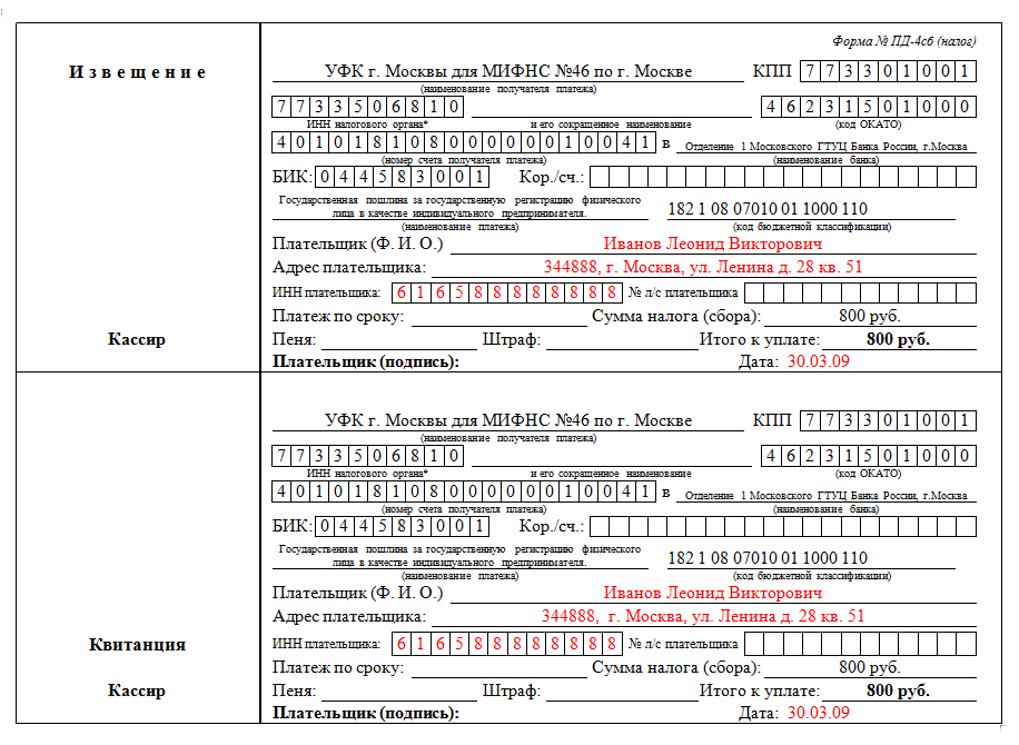 Образцы квитанций об оплате для физических лиц форма пд 4