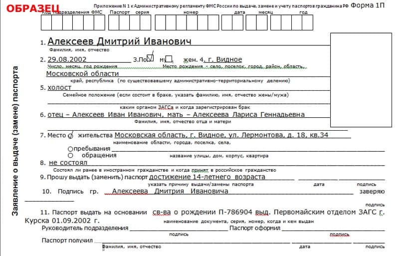 Заявление о выдаче замене паспорта по форме 1п образец